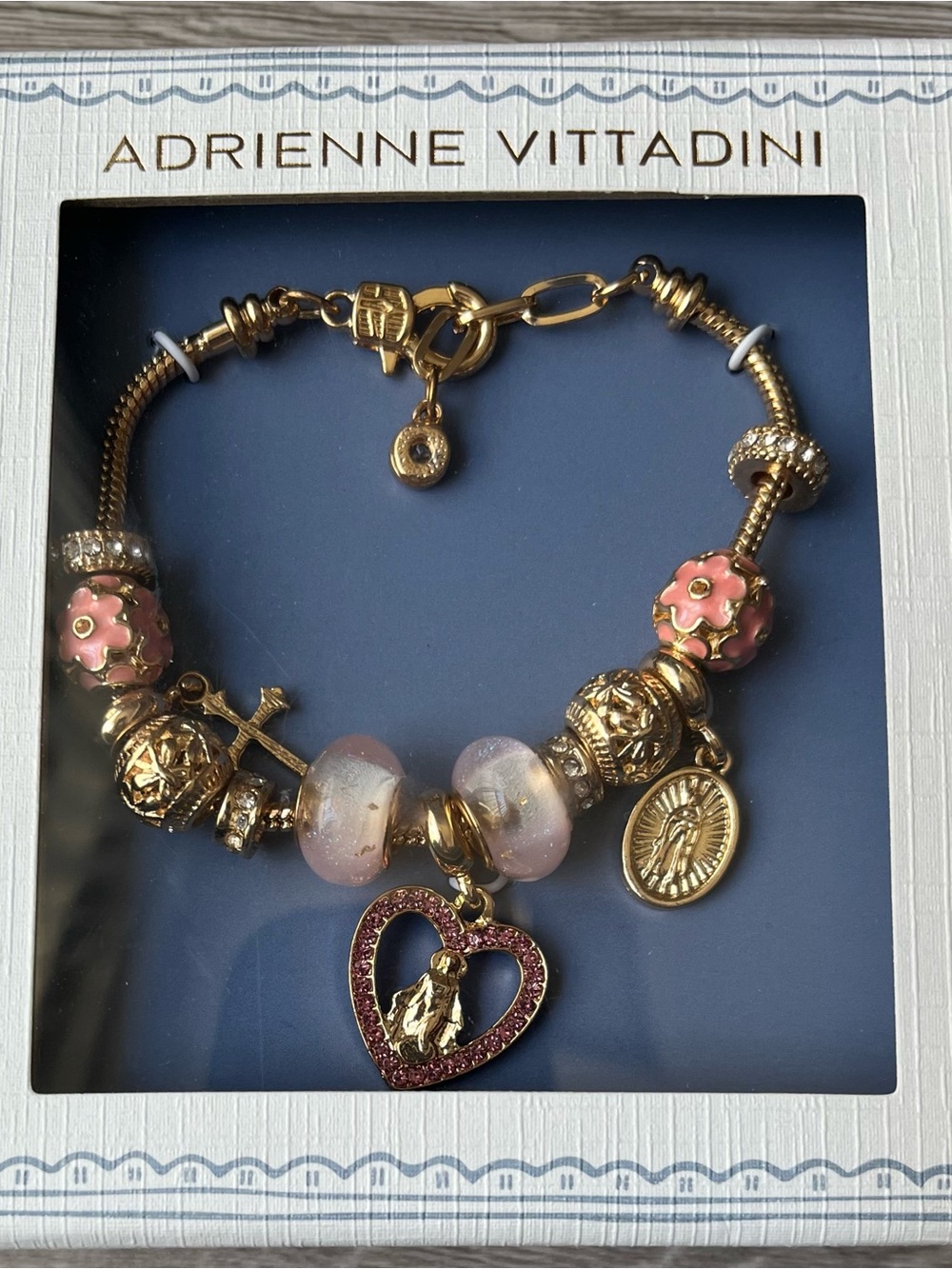 Adrienne Vittadini Gold-Tone Bracelet with Pink Enamel Beads and Heart Charm